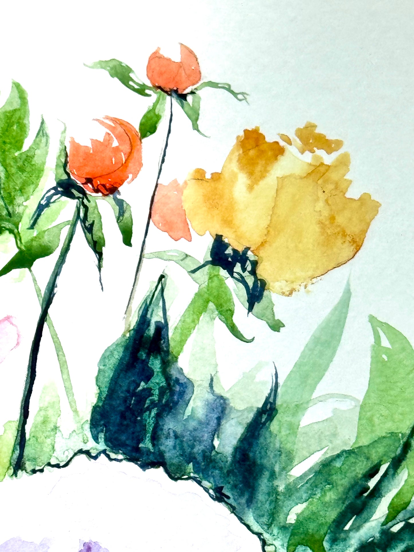 Pink and Purple Peonies Watercolor Painting, Original Floral Art, Peony Flower 8x10"