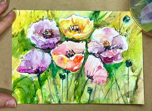 California Poppy Watercolor Painting, Original Art, Flower Botanical Artwork, Floral 5x7"