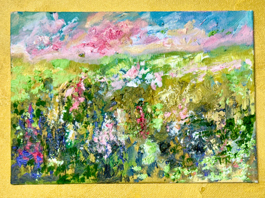 Meadow Oil Painting 5x7, Original Art Landscape, Wildflower Field, Small Nature Art