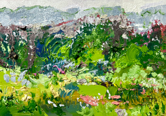 Meadow Oil Painting 5x7, Original Art Landscape, Forest Field, Small Mountain Nature Art