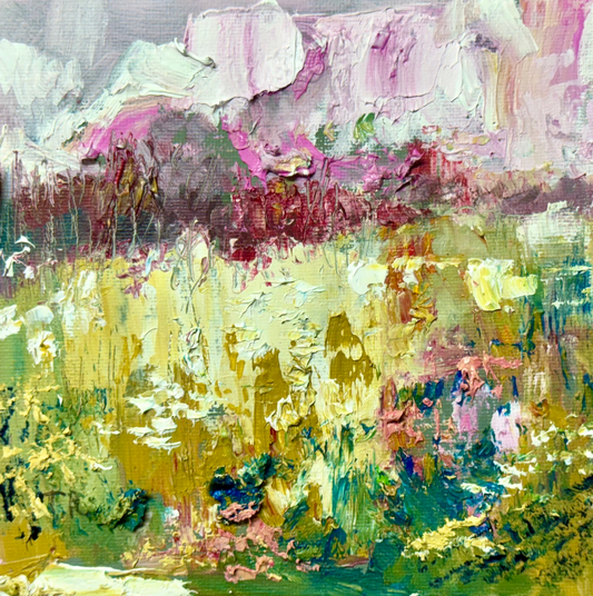 Meadow Oil Painting 6x6, Original Art Landscape, Forest Field, Small Nature Art