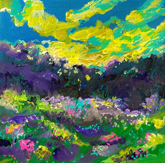 Forest Sunset Acrylic Painting 6x6, Original Art Landscape, Forest Field Wall Art, Meadow artwork