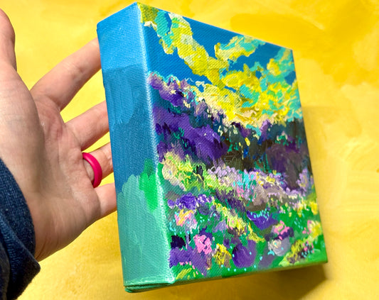 Forest Sunset Acrylic Painting 6x6, Original Art Landscape, Forest Field Wall Art, Meadow artwork