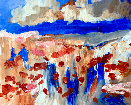 Meadow Acrylic Painting 8x10", Original Art Landscape, Red Flowers Field, Nature Wall Art