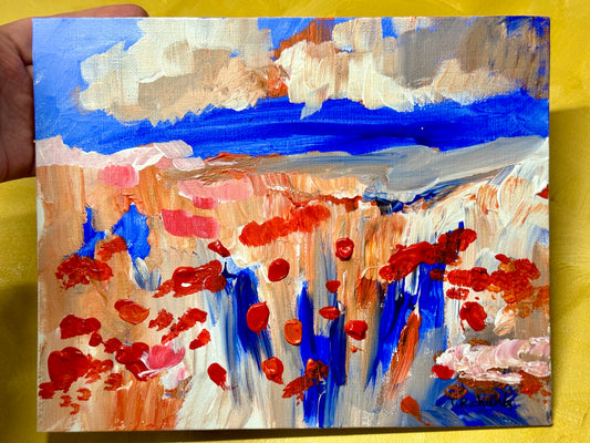 Meadow Acrylic Painting 8x10", Original Art Landscape, Red Flowers Field, Nature Wall Art