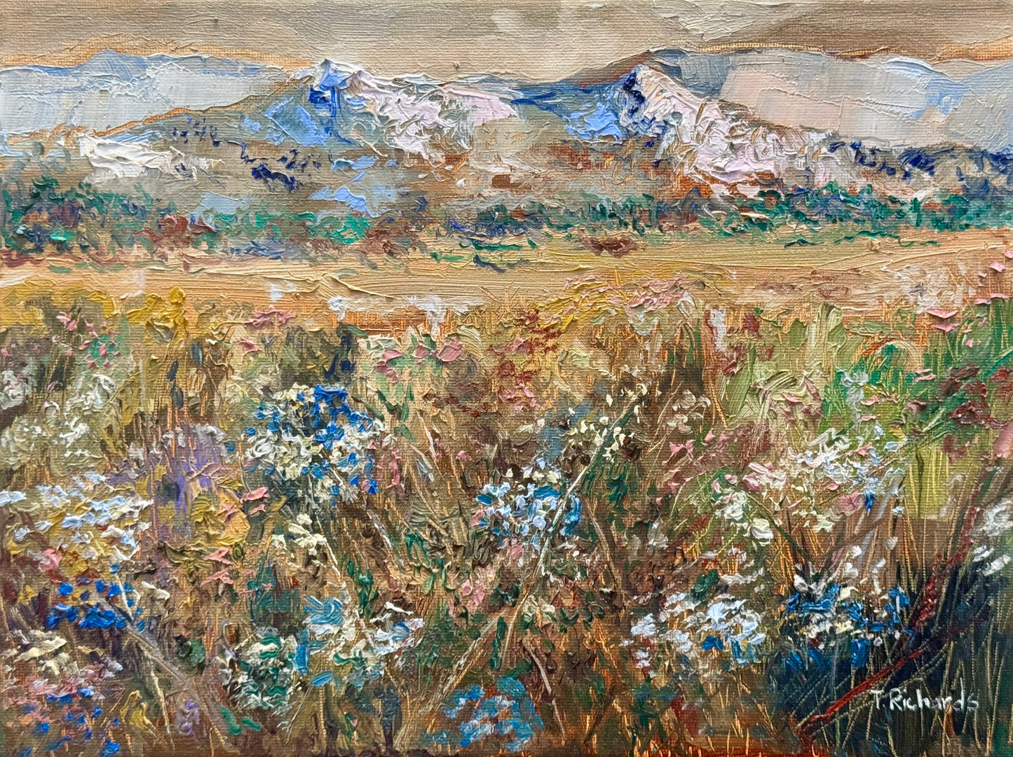 Mountain Flowers Original Art 9x12" Wildflower Field Landscape, Oil Painting Moody Floral Meadow Artwork, Handmade Wall Art Nature