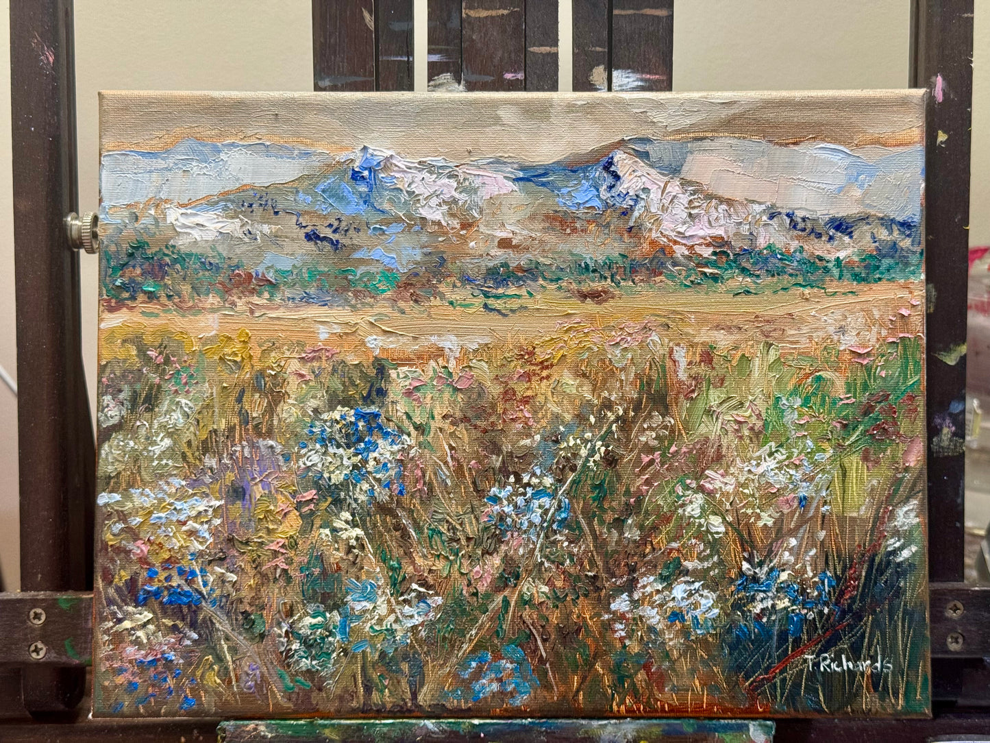 Mountain Flowers Original Art 9x12" Wildflower Field Landscape, Oil Painting Moody Floral Meadow Artwork, Handmade Wall Art Nature