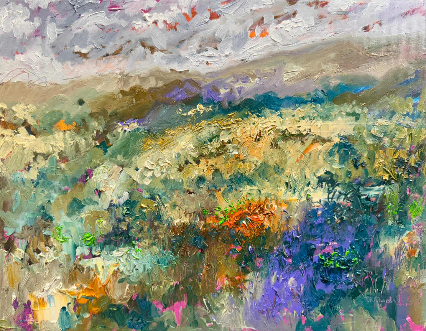 Wildflower Landscape Oil Painting 11x14", Original Art Meadow Floral Art, Textured Moody Nature Scene