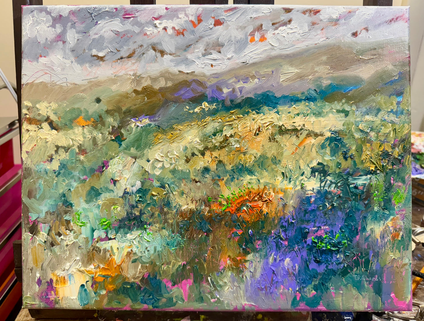 Wildflower Landscape Oil Painting 11x14", Original Art Meadow Floral Art, Textured Moody Nature Scene