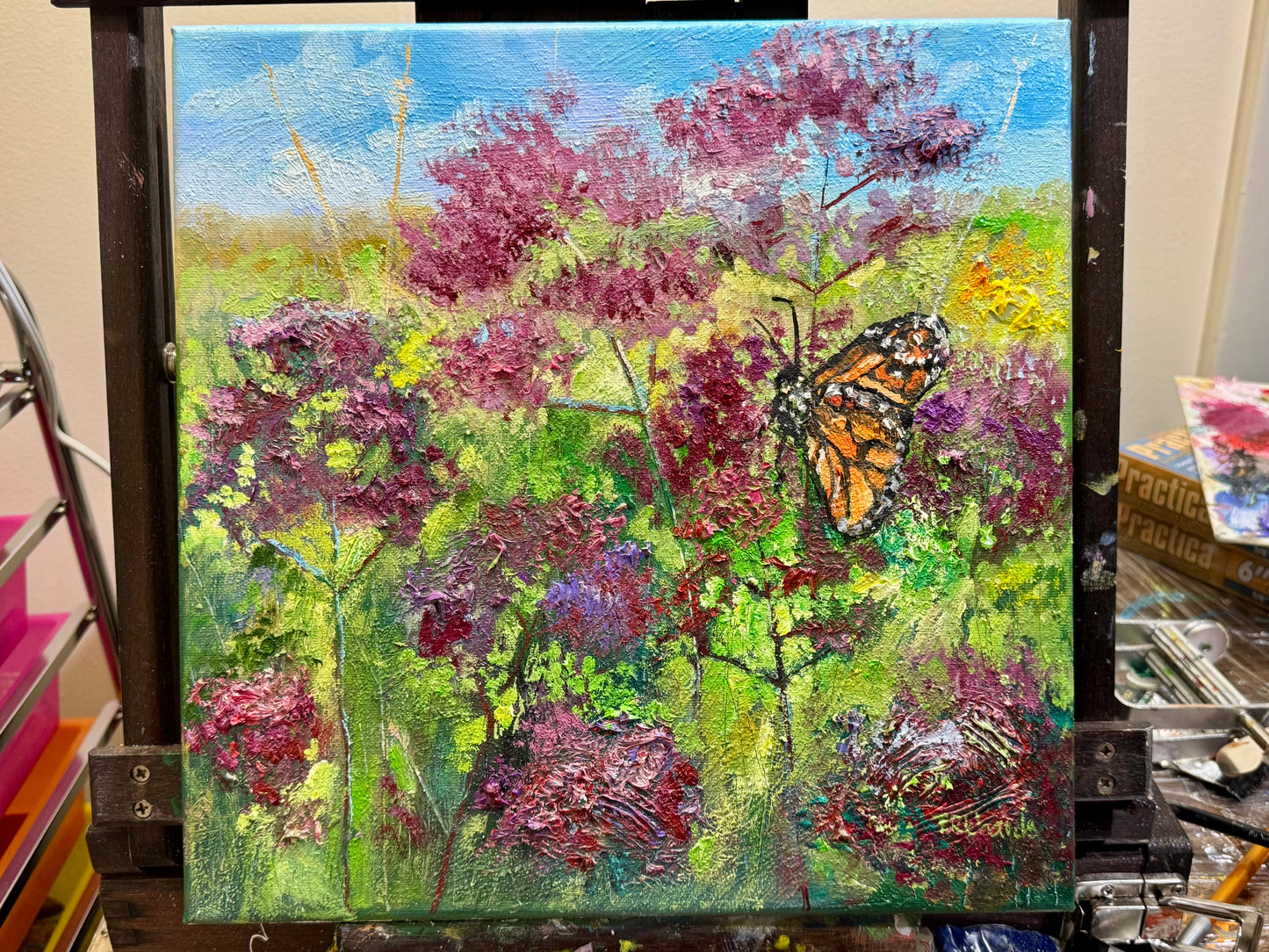 Monarch Butterfly Original Art 12x12", Milkweed Wildflower Field, Landscape Oil Painting, Meadow Floral Wall Art, Textured Nature Artwork