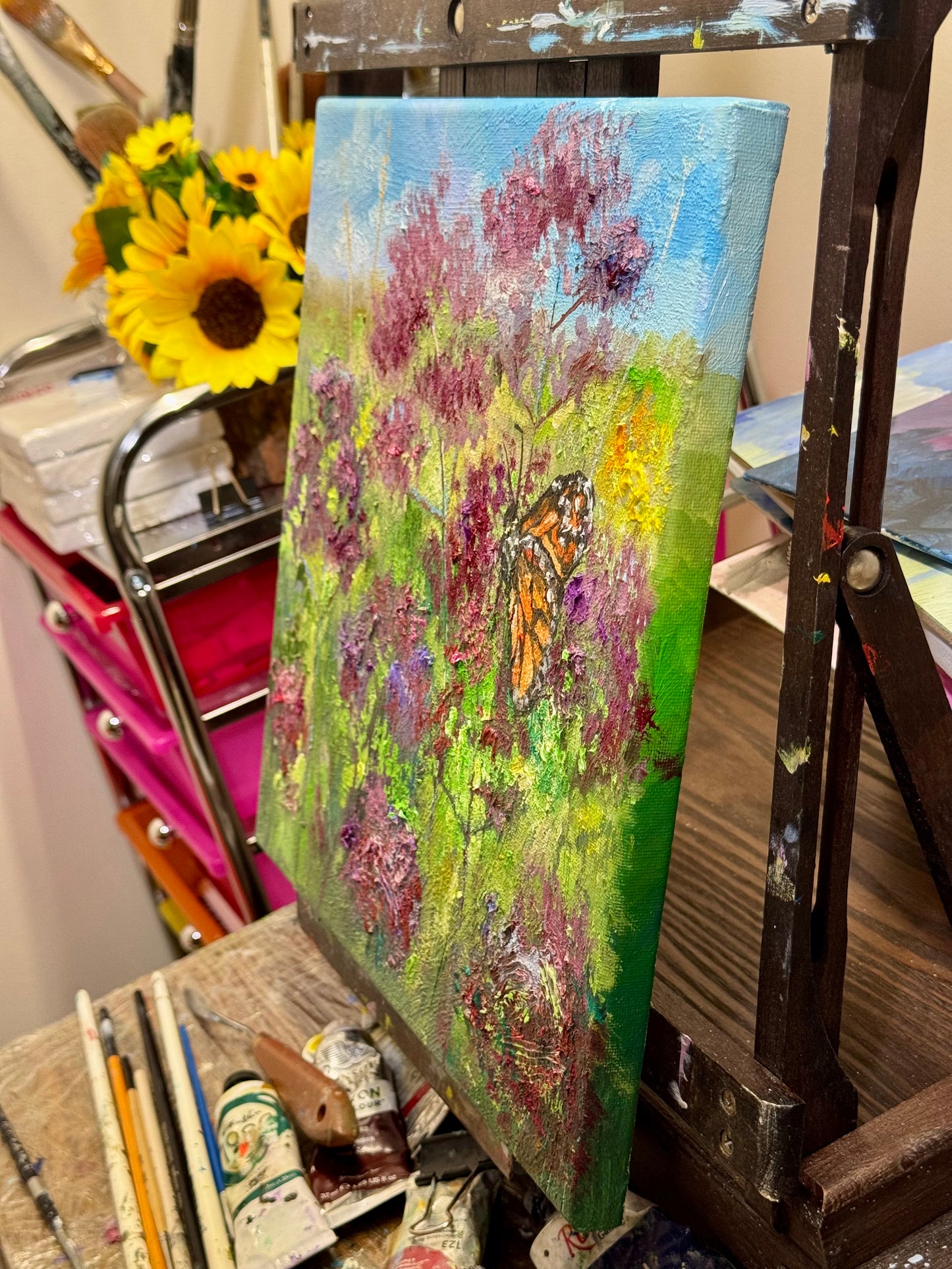 Monarch Butterfly Original Art 12x12", Milkweed Wildflower Field, Landscape Oil Painting, Meadow Floral Wall Art, Textured Nature Artwork