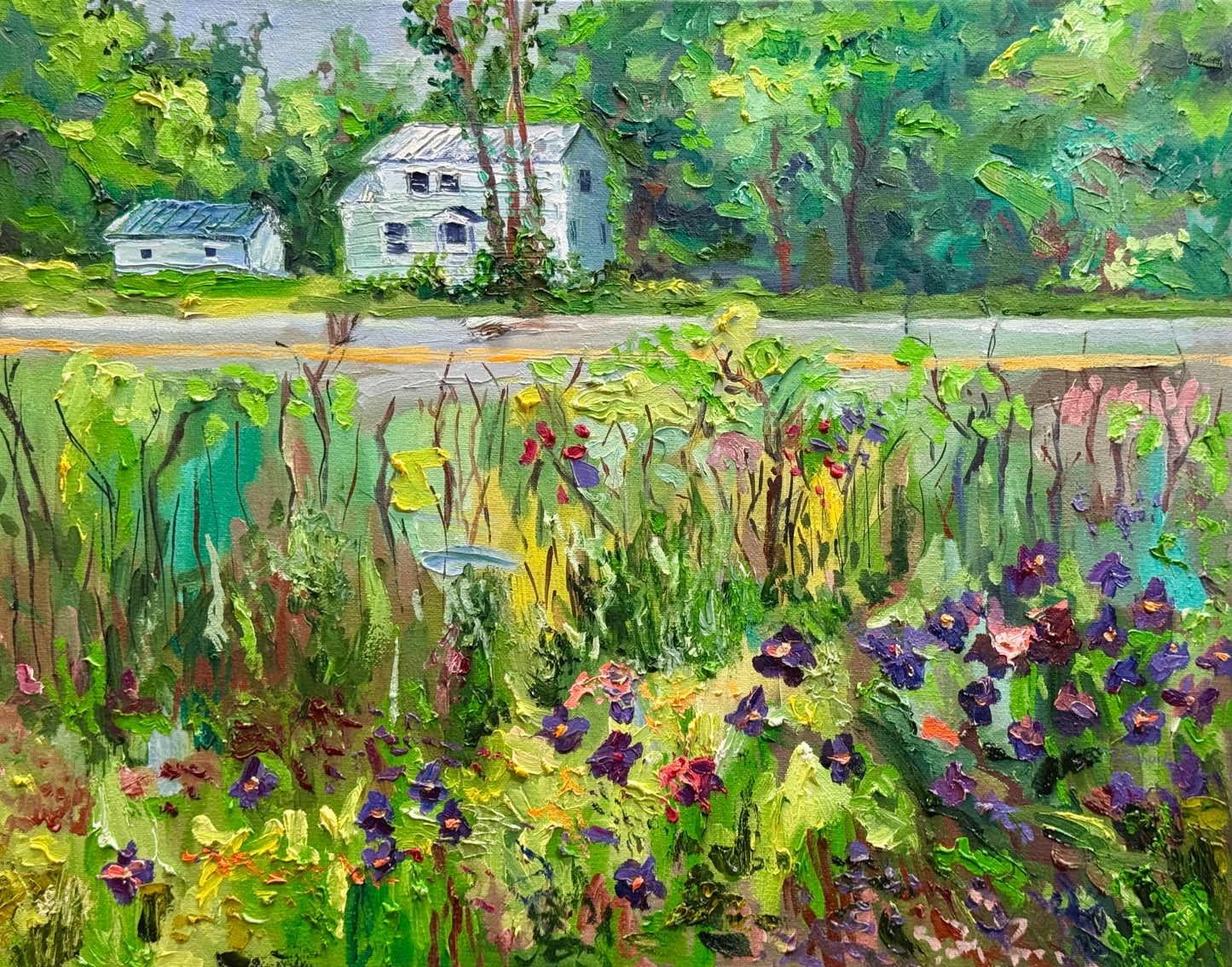 Goffstown Rail Trail Original Art Oil Painting 16x20", Wildflower Landscape, Floral New Hampshire Nature Wall Art on Canvas