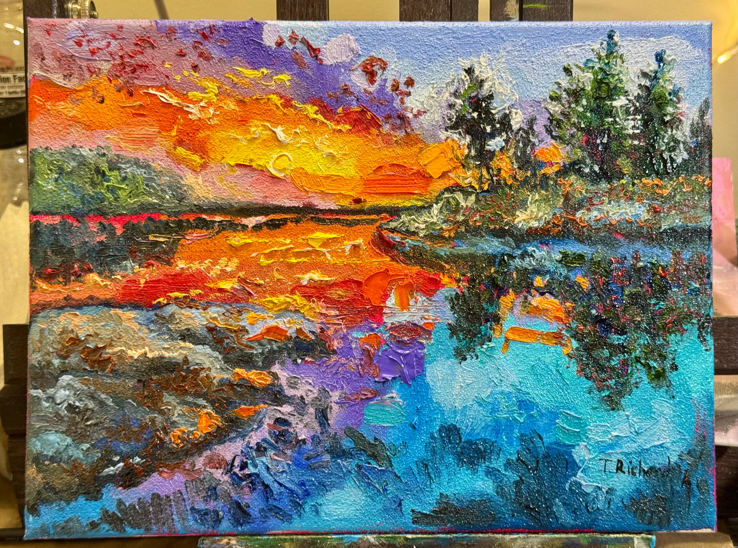 Lake ORIGINAL art 9x12, Maine Landscape Sunset, Seascape Coastal Marine Nautical Artwork