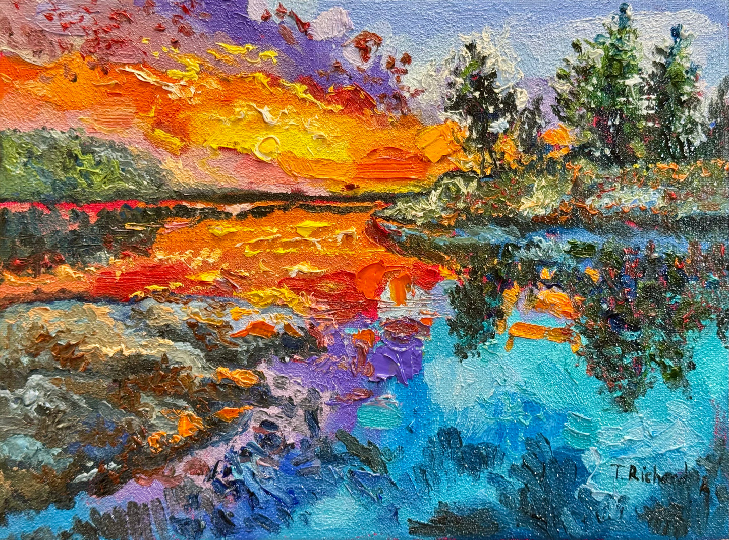 Lake ORIGINAL art 9x12, Maine Landscape Sunset, Seascape Coastal Marine Nautical Artwork