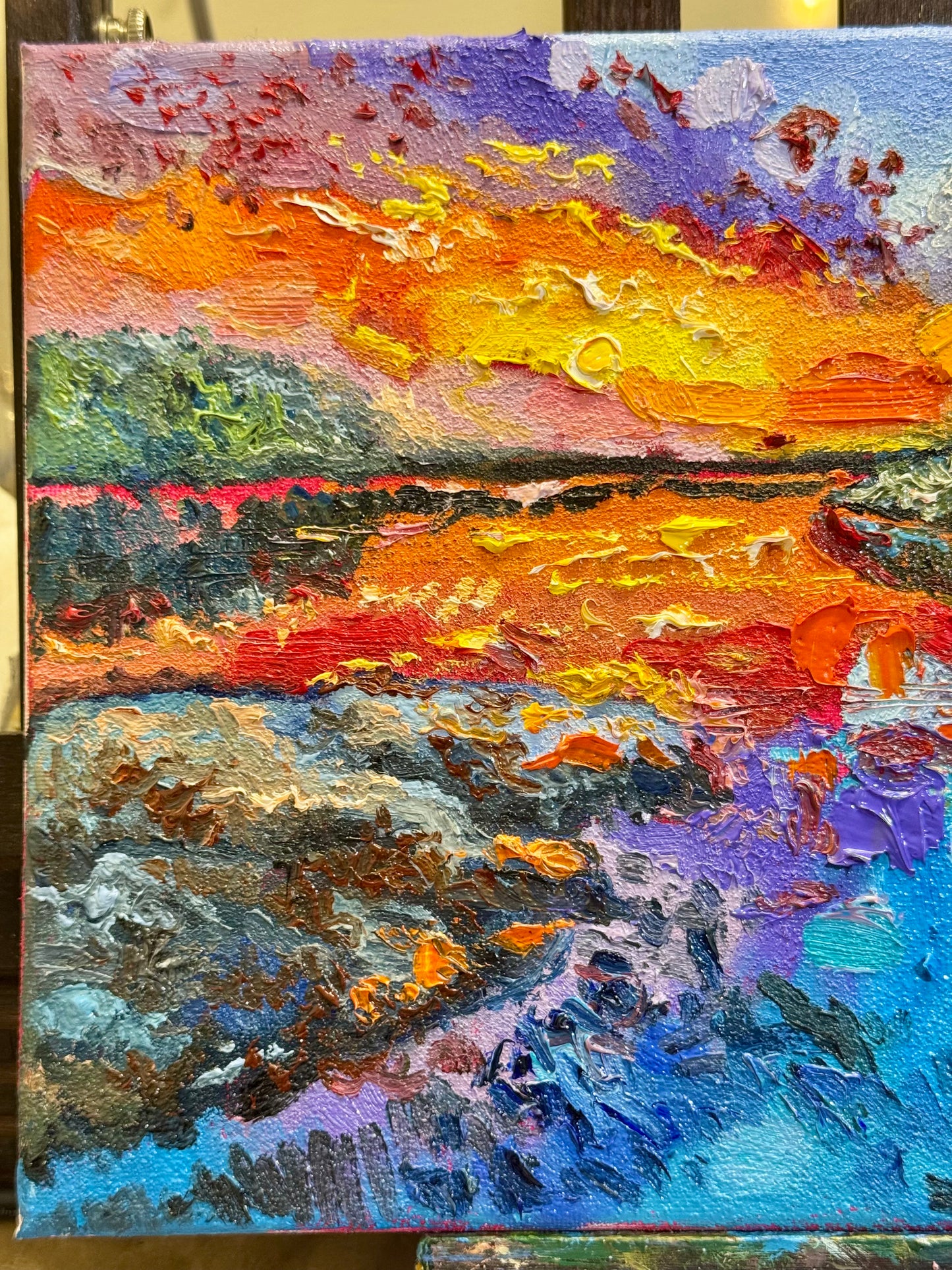 Lake ORIGINAL art 9x12, Maine Landscape Sunset, Seascape Coastal Marine Nautical Artwork