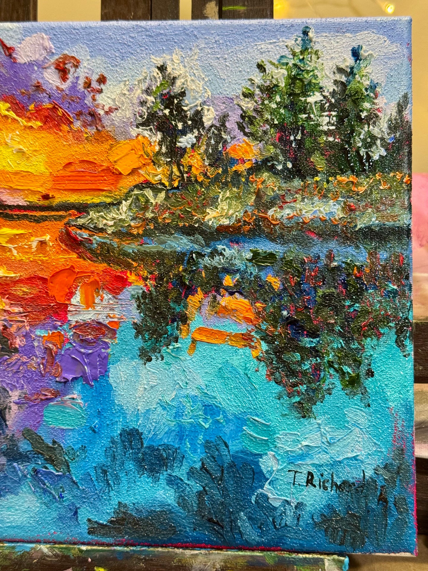 Lake ORIGINAL art 9x12, Maine Landscape Sunset, Seascape Coastal Marine Nautical Artwork