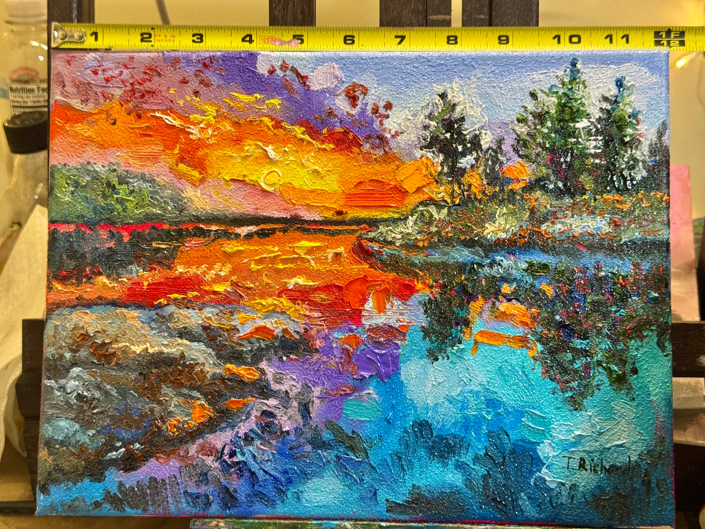 Lake ORIGINAL art 9x12, Maine Landscape Sunset, Seascape Coastal Marine Nautical Artwork