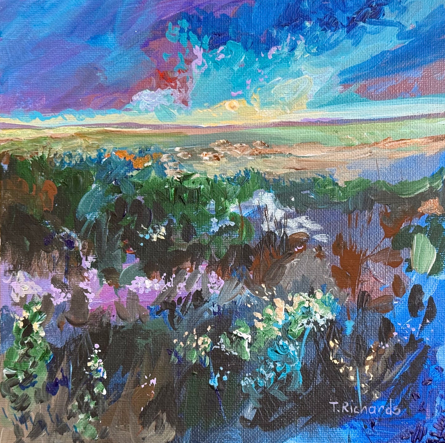 Sunrise Acrylic Painting 8x8, Original Art, Wildflower Field Artwork Landscape, Nature Wall Art