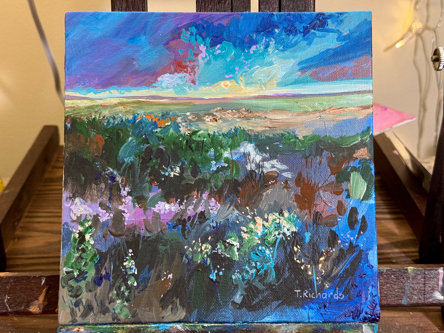 Sunrise Acrylic Painting 8x8, Original Art, Wildflower Field Artwork Landscape, Nature Wall Art
