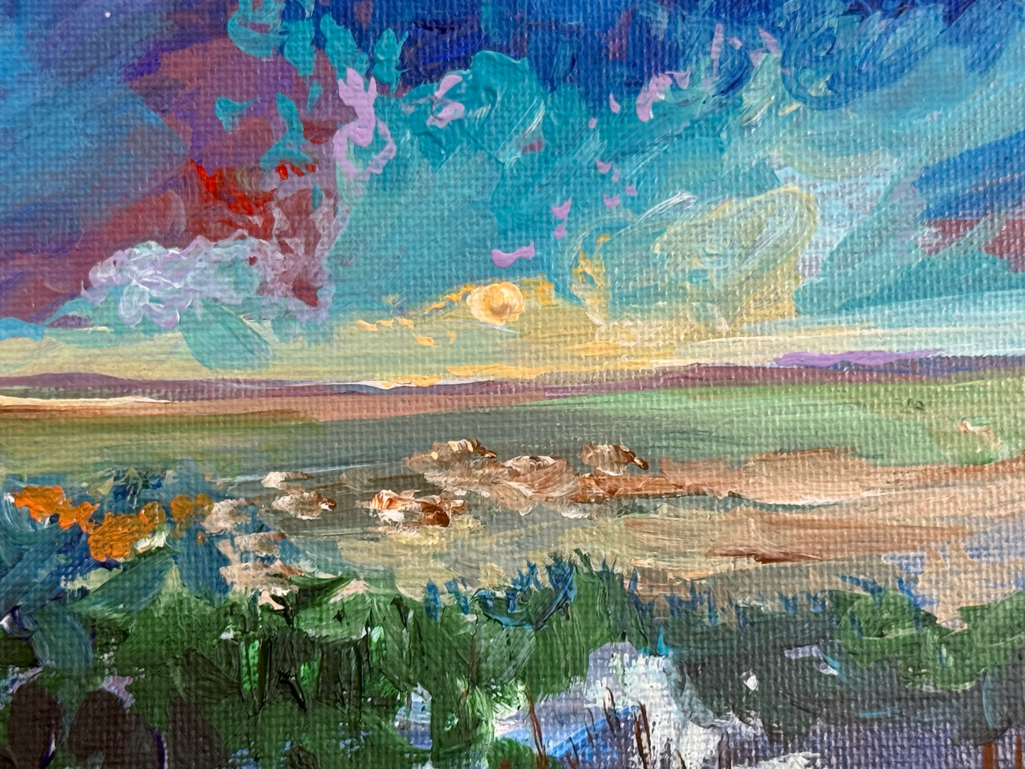 Sunrise Acrylic Painting 8x8, Original Art, Wildflower Field Artwork Landscape, Nature Wall Art