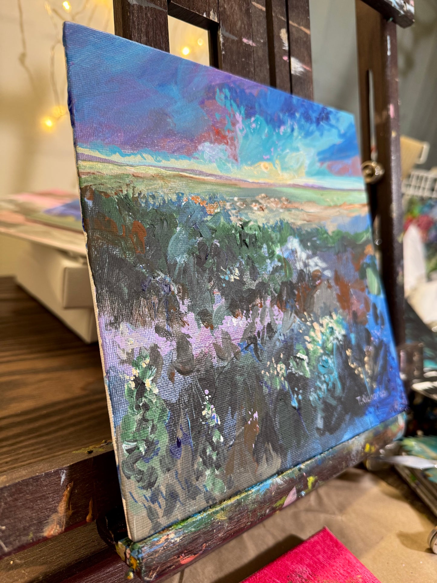 Sunrise Acrylic Painting 8x8, Original Art, Wildflower Field Artwork Landscape, Nature Wall Art