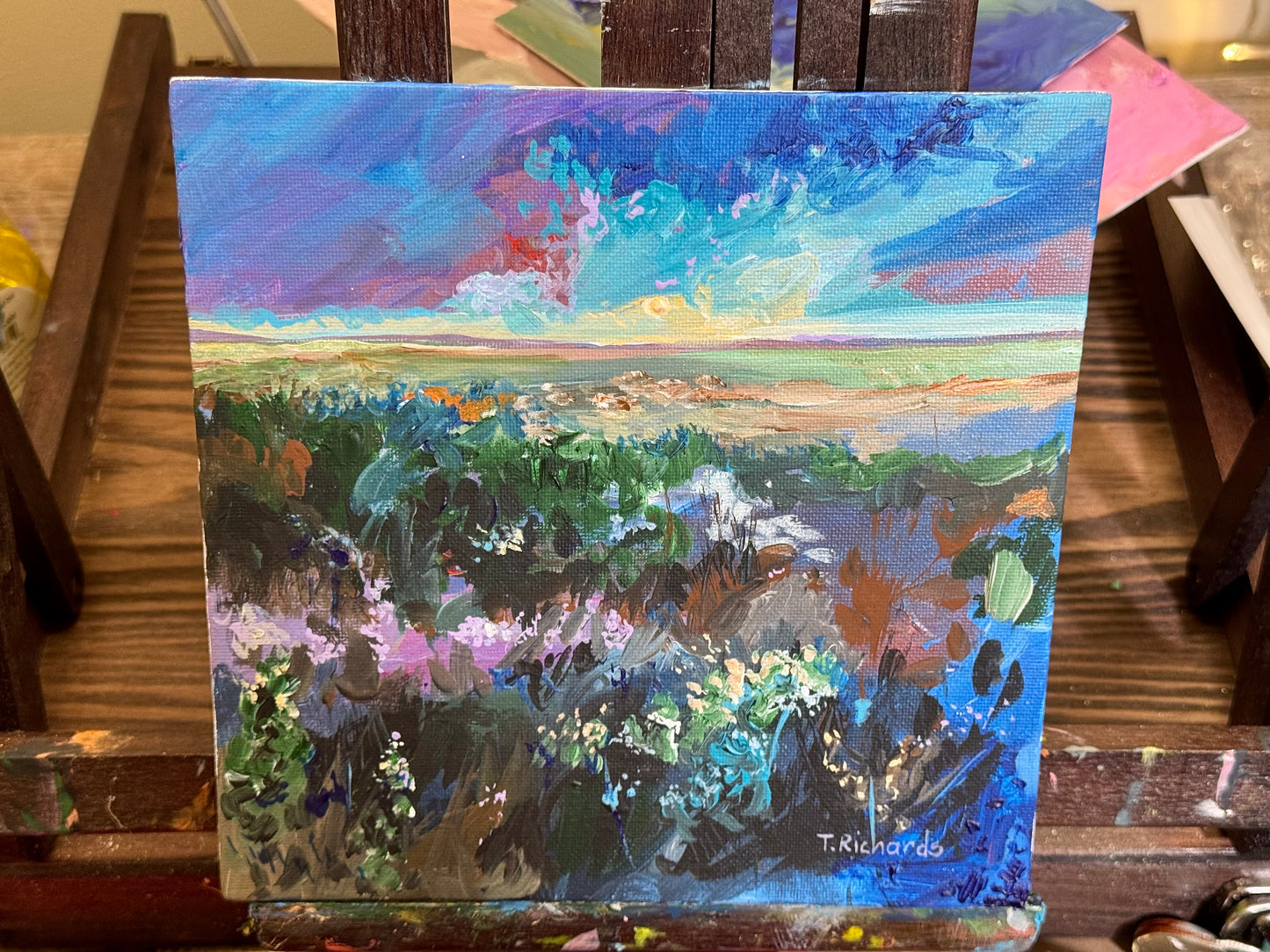 Sunrise Acrylic Painting 8x8, Original Art, Wildflower Field Artwork Landscape, Nature Wall Art