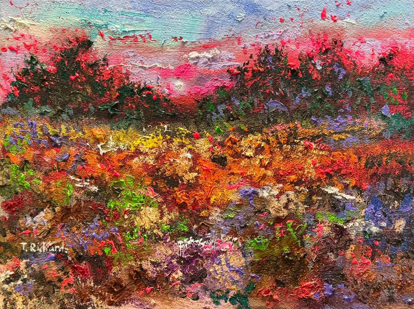 Pink Sunset Original Art, 9x12 Wildflower Landscape Field, Oil Painting Nature Meadow Forest Artwork, Textured Wall Art