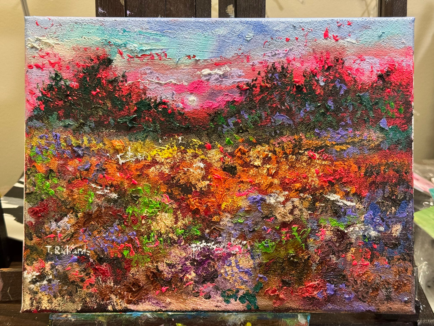 Pink Sunset Original Art, 9x12 Wildflower Landscape Field, Oil Painting Nature Meadow Forest Artwork, Textured Wall Art