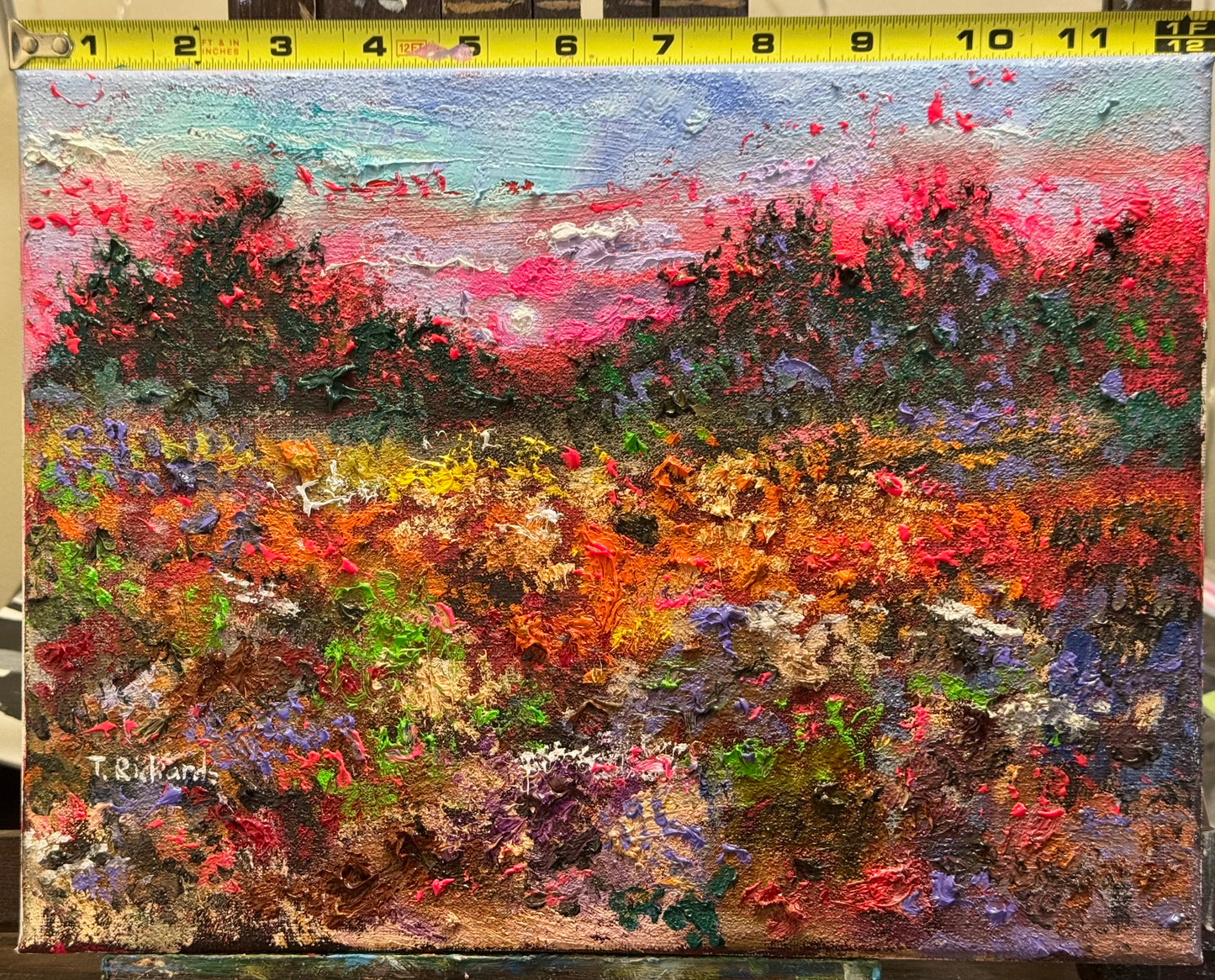 Pink Sunset Original Art, 9x12 Wildflower Landscape Field, Oil Painting Nature Meadow Forest Artwork, Textured Wall Art