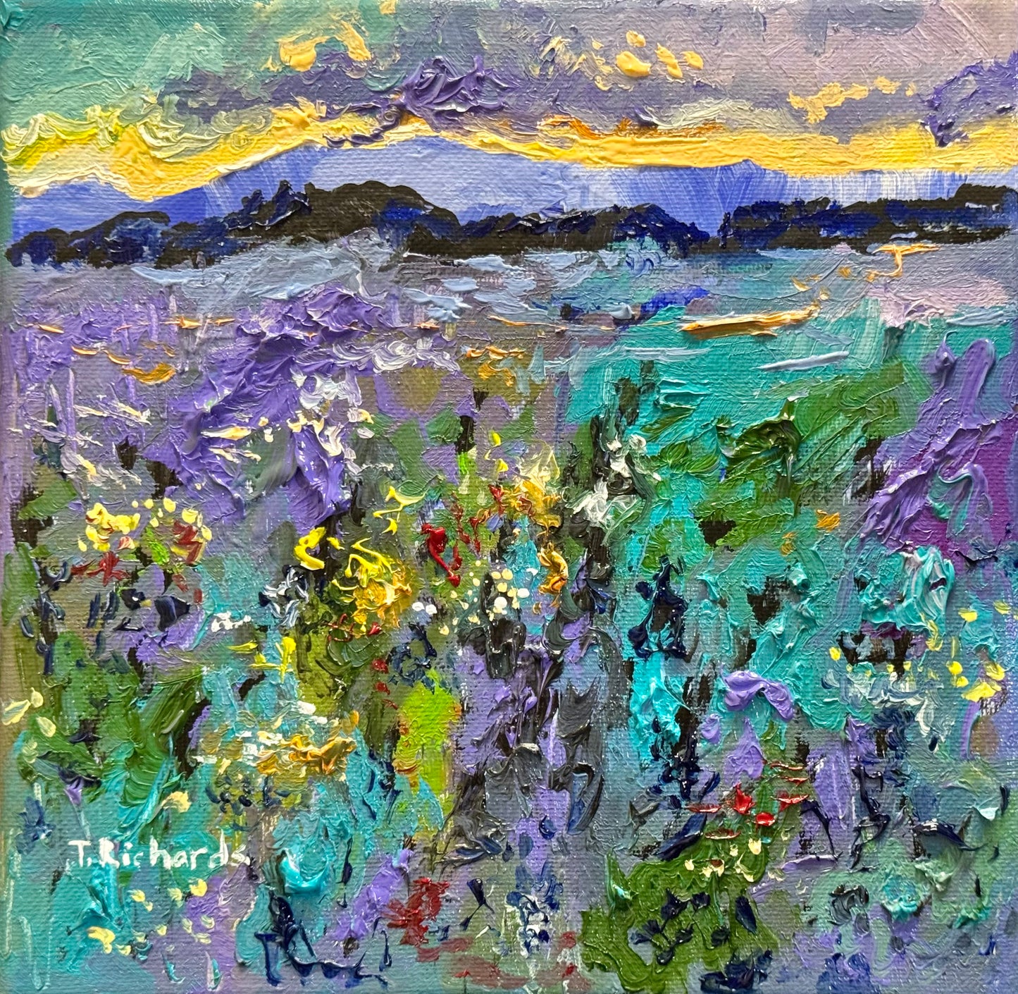 Lavender Sunrise Original Art, 8x8 Wildflower Landscape Field, Oil Painting Nature Meadow Artwork, Textured Wall Art