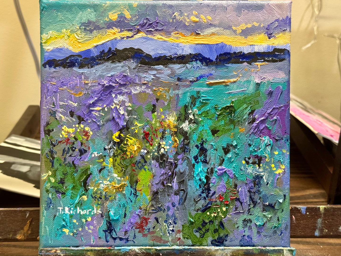 Lavender Sunrise Original Art, 8x8 Wildflower Landscape Field, Oil Painting Nature Meadow Artwork, Textured Wall Art