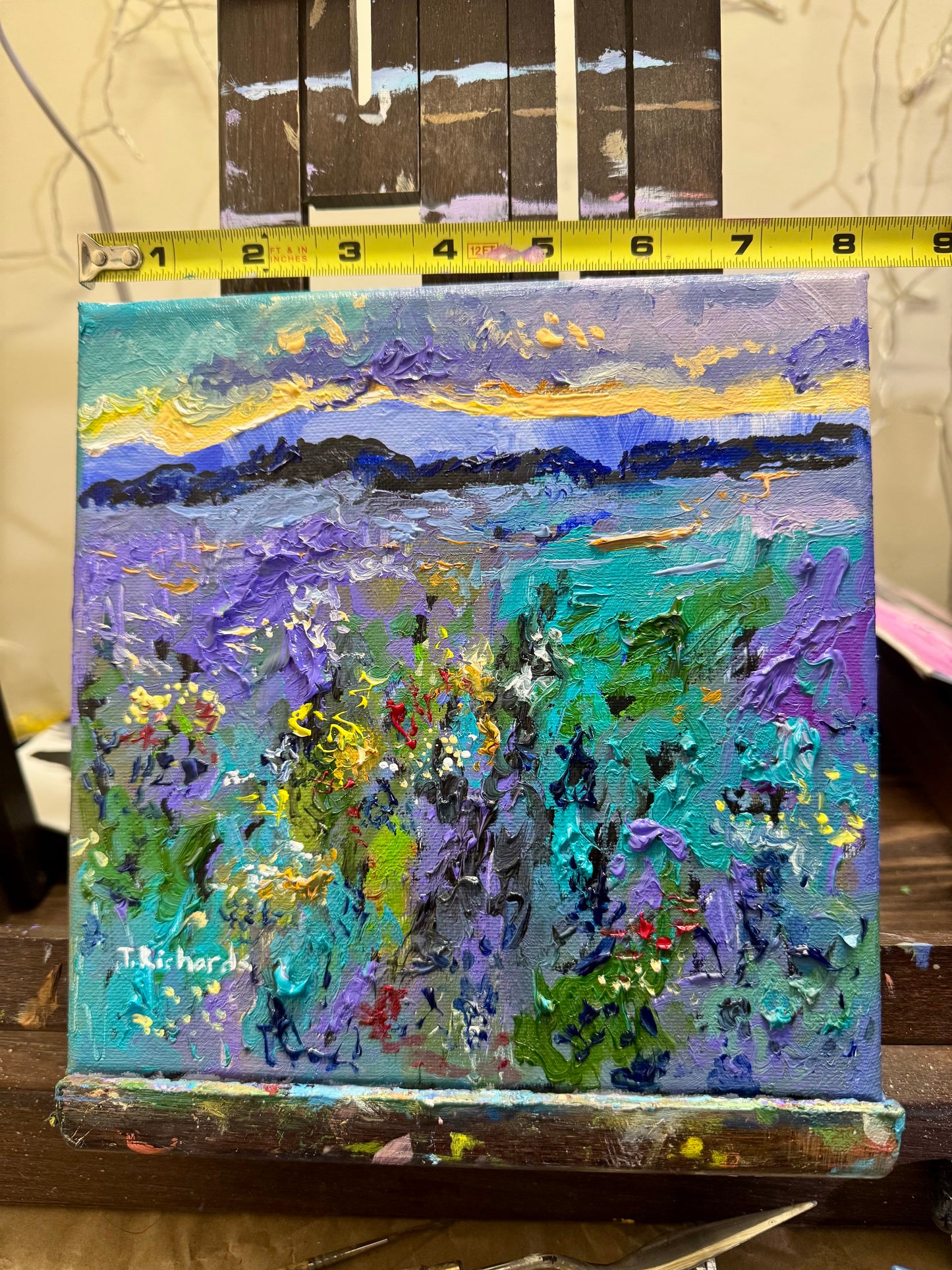 Lavender Sunrise Original Art, 8x8 Wildflower Landscape Field, Oil Painting Nature Meadow Artwork, Textured Wall Art