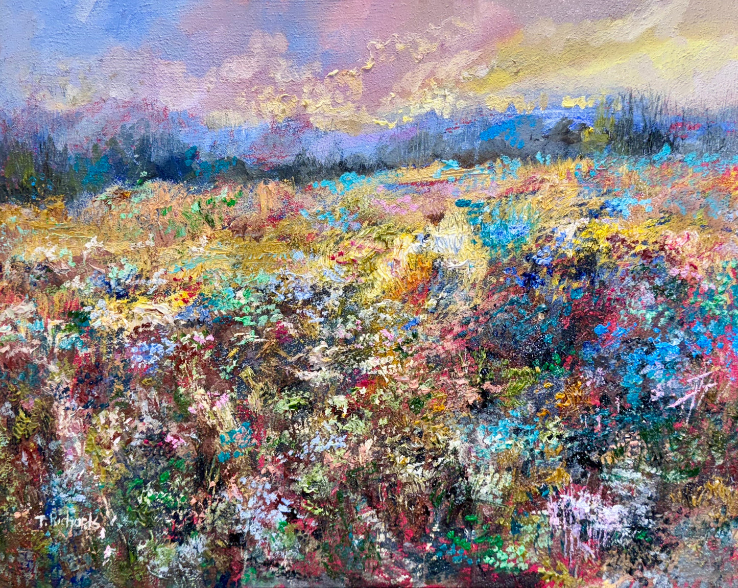 Meadow Oil Painting 16x20", Wildflower Field Landscape