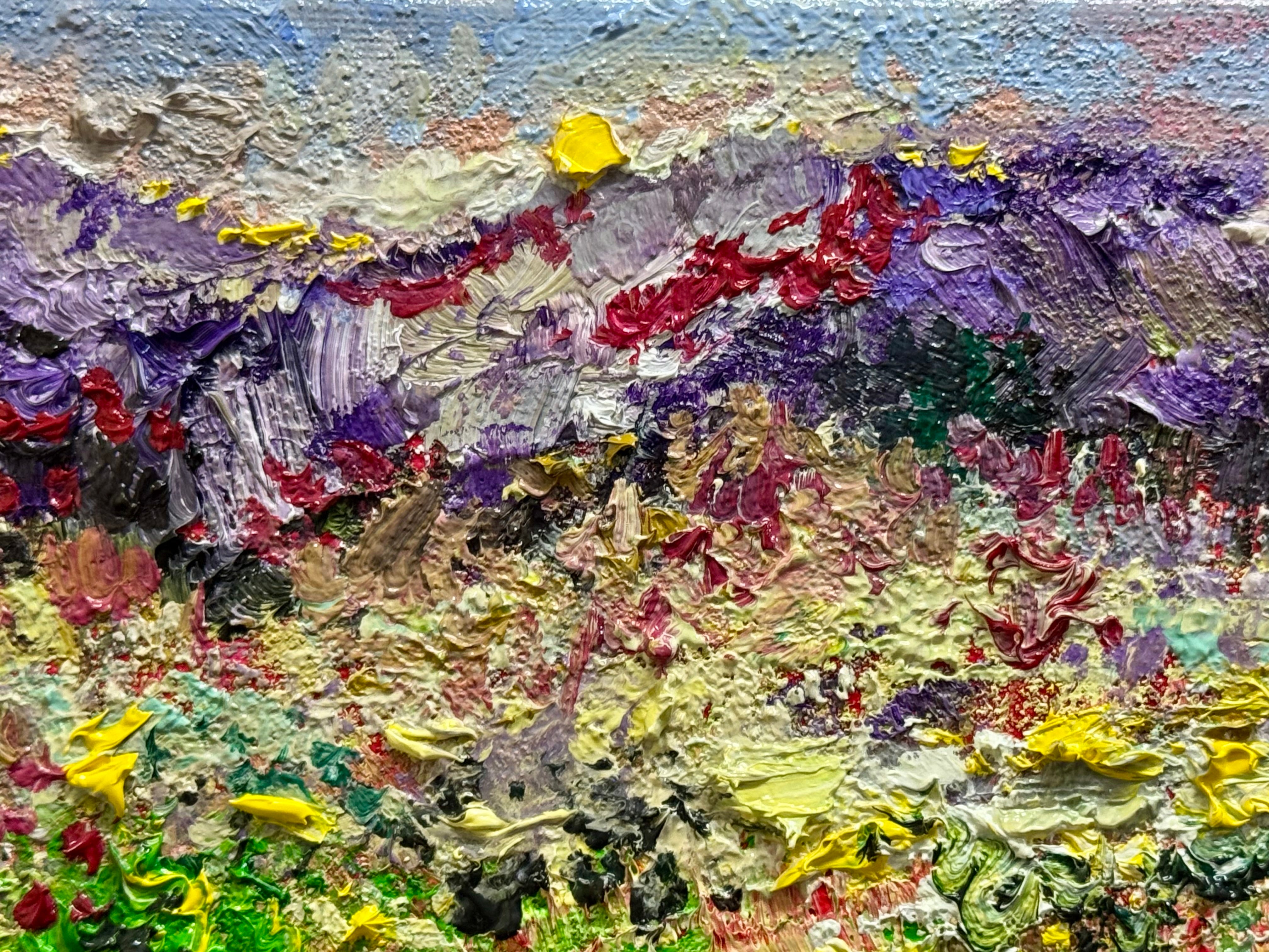 現代の洋画 25 GRAPHIC OIL PAINTING NOW Sunrise Wildflower Oil Painting, 9x12 Landscape Field Original Art