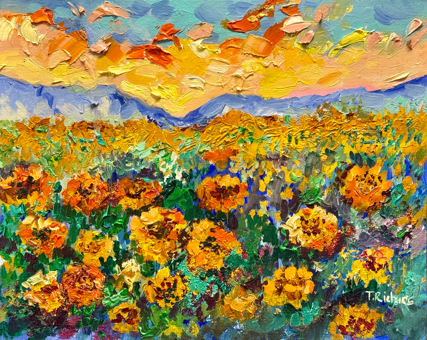 Marigold Field Original Art Oil Painting 8x10, Wildflower Landscape Sunrise