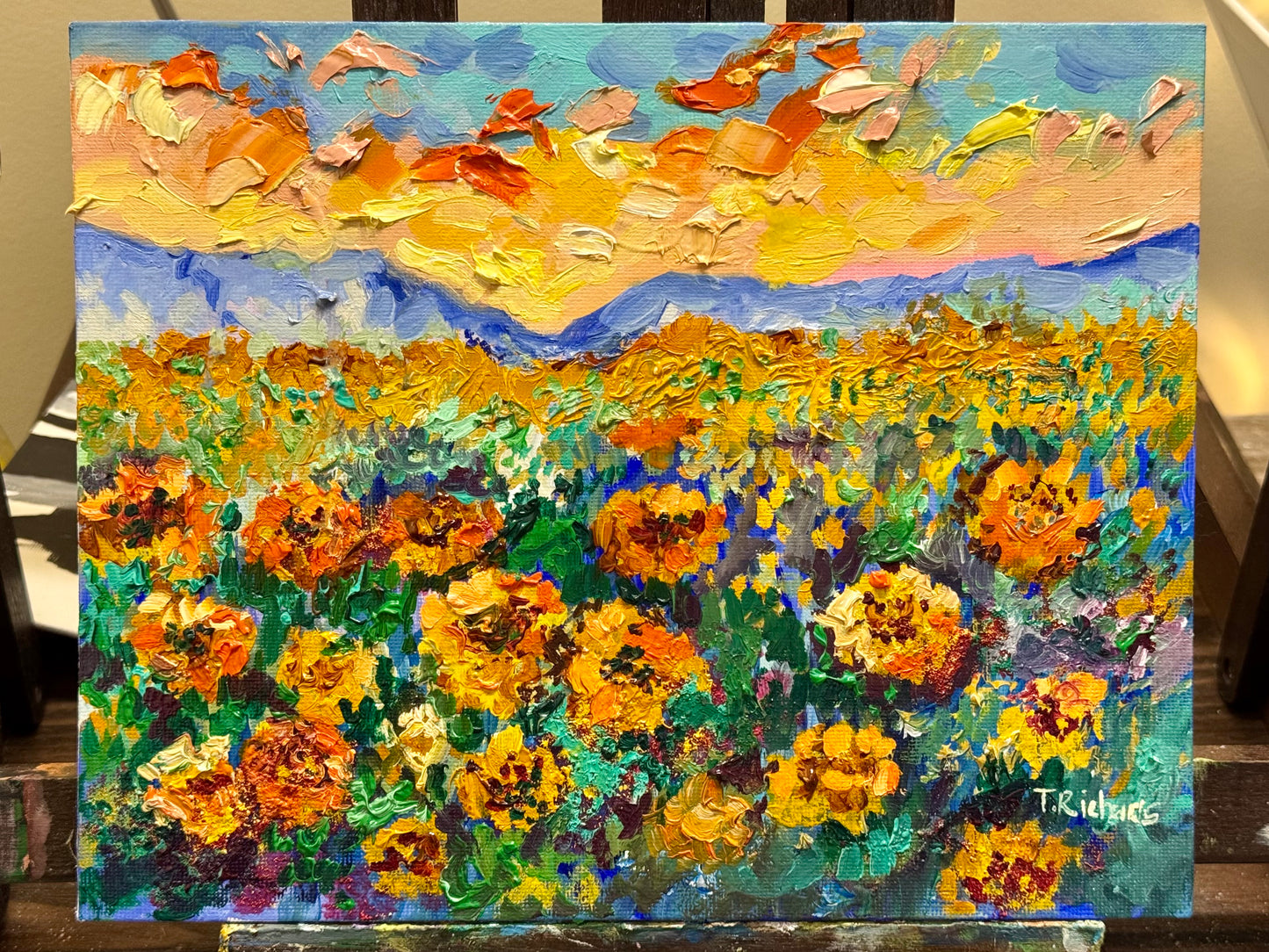 Marigold Field Original Art Oil Painting 8x10, Wildflower Landscape Sunrise