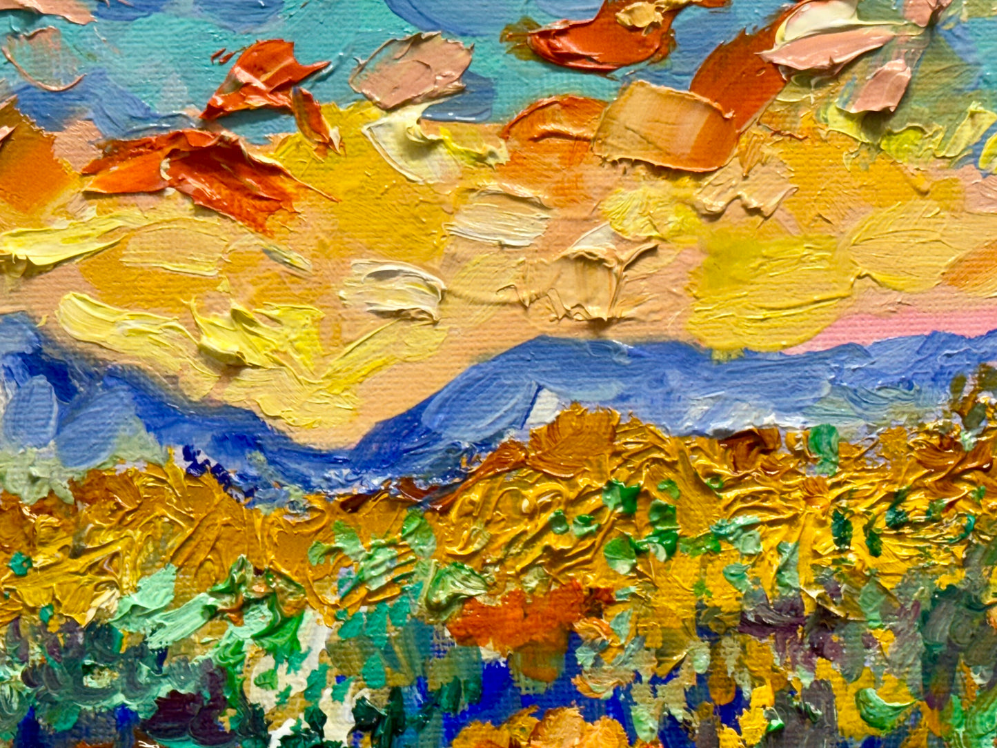 Marigold Field Original Art Oil Painting 8x10, Wildflower Landscape Sunrise