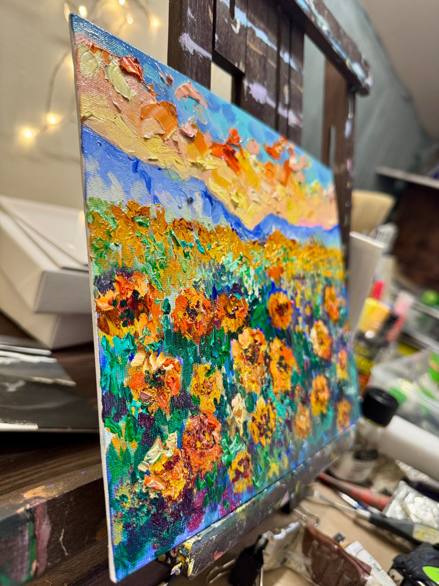 Marigold Field Original Art Oil Painting 8x10, Wildflower Landscape Sunrise