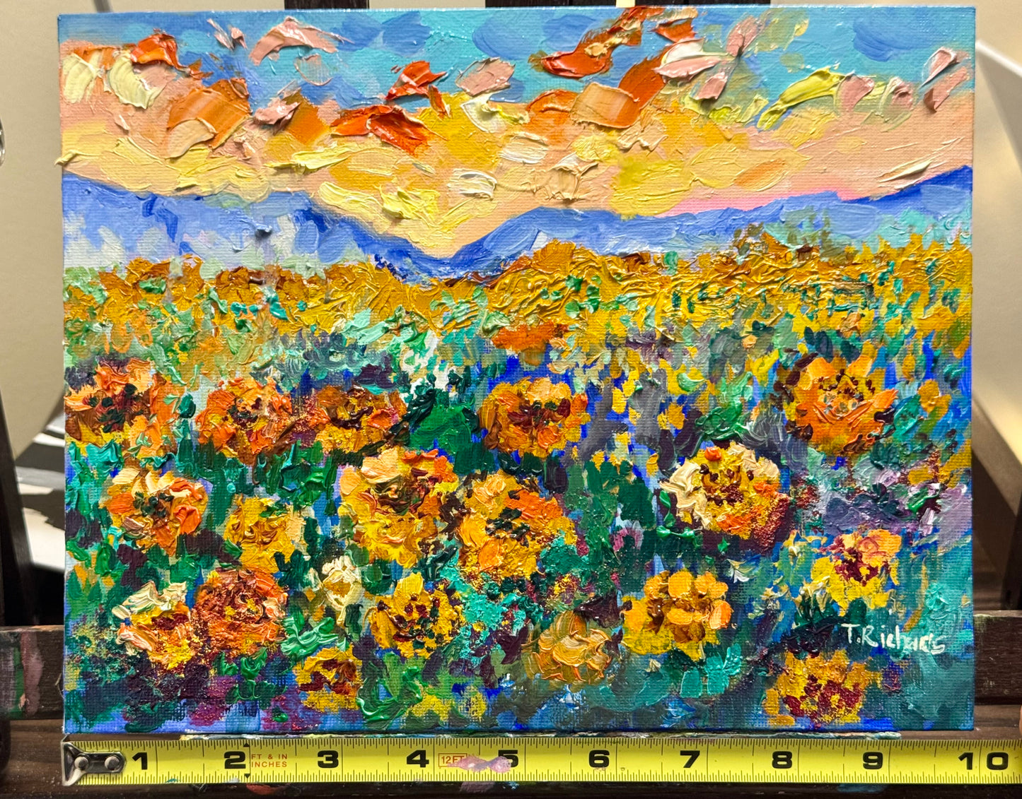 Marigold Field Original Art Oil Painting 8x10, Wildflower Landscape Sunrise