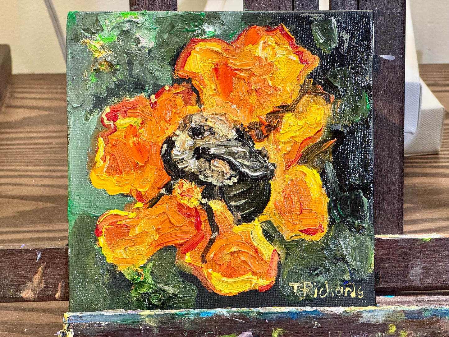 Bumblebee on Marigold Oil Painting 6x6, Original Floral Botanical Wall Art, Flower on Canvas Panel