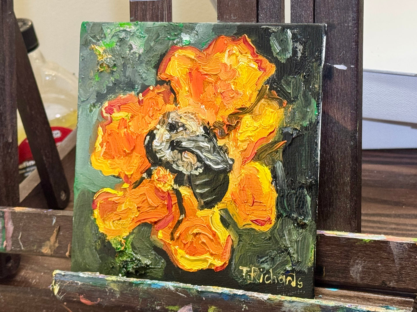 Bumblebee on Marigold Oil Painting 6x6, Original Floral Botanical Wall Art, Flower on Canvas Panel