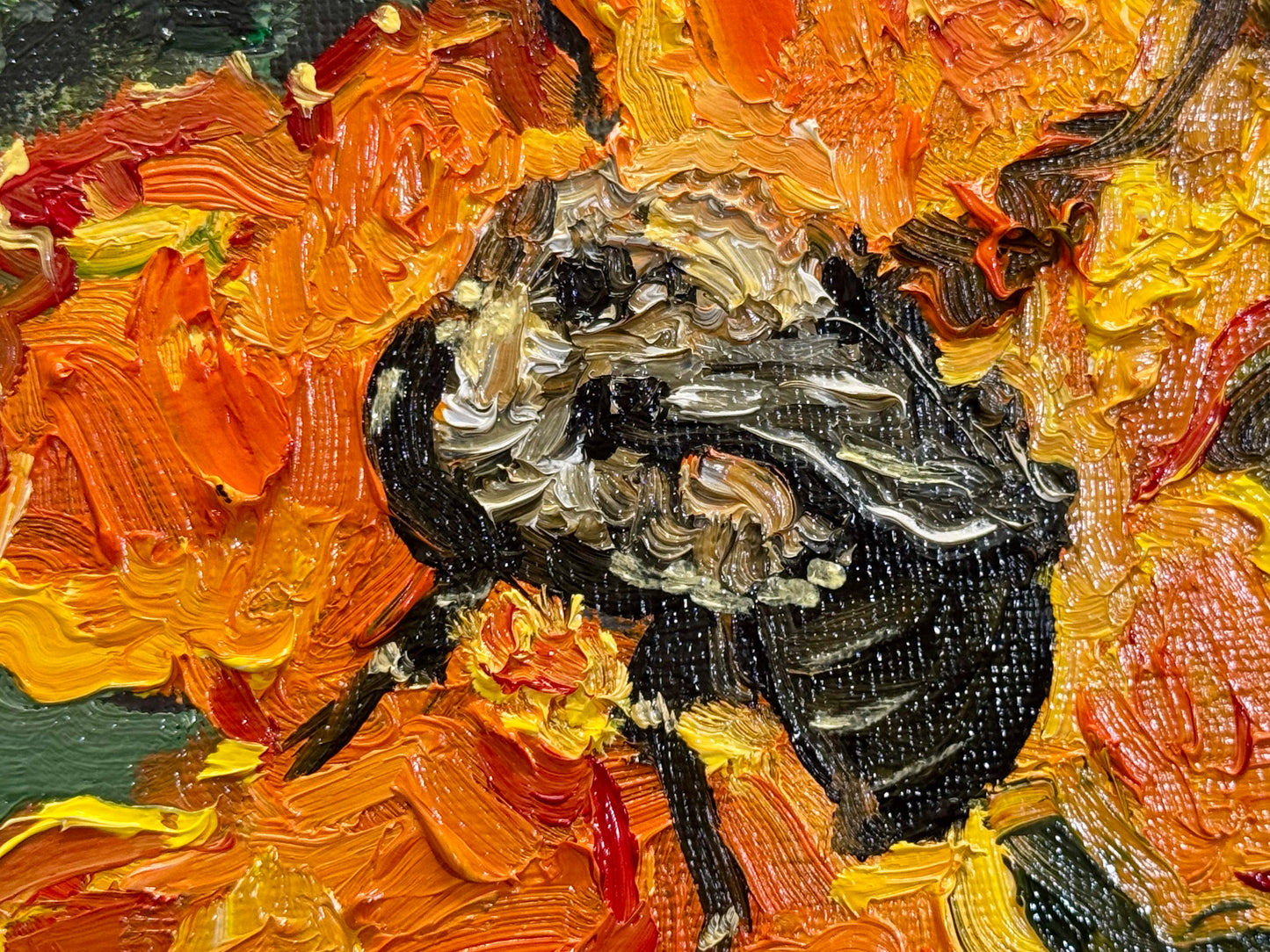Bumblebee on Marigold Oil Painting 6x6, Original Floral Botanical Wall Art, Flower on Canvas Panel