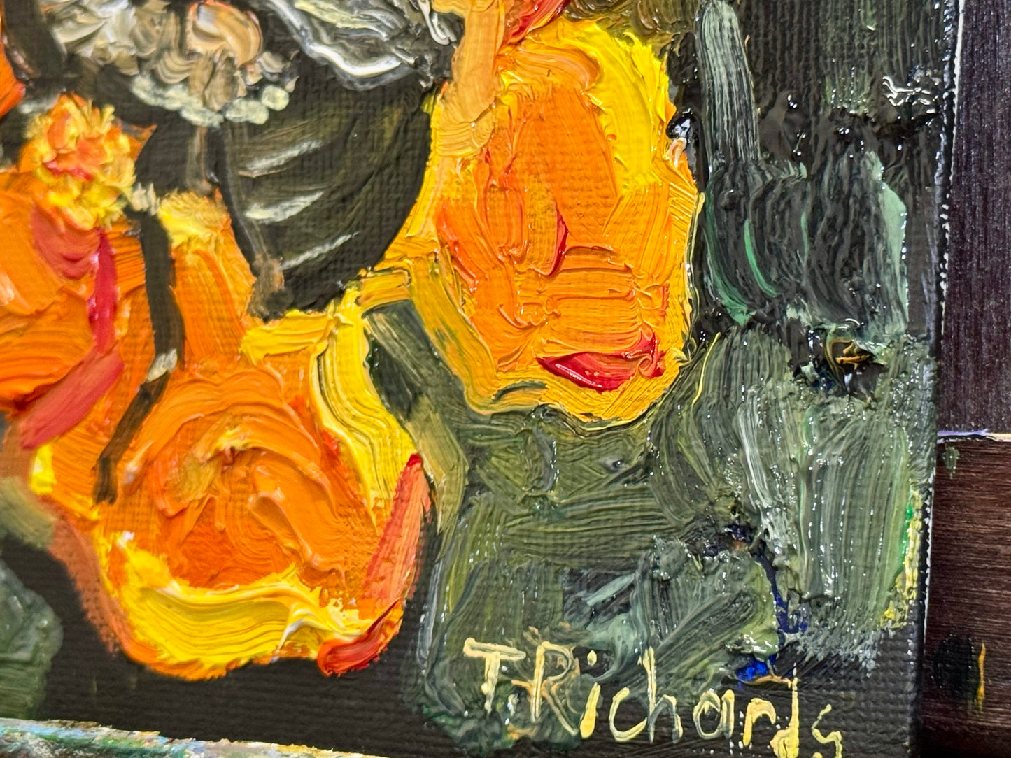 Bumblebee on Marigold Oil Painting 6x6, Original Floral Botanical Wall Art, Flower on Canvas Panel