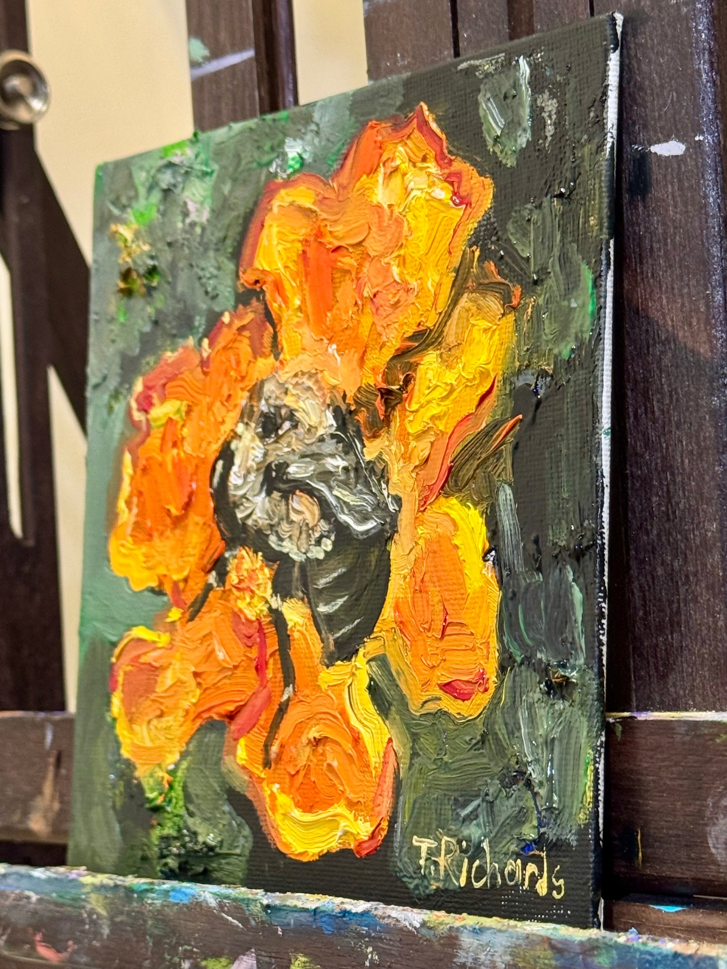 Bumblebee on Marigold Oil Painting 6x6, Original Floral Botanical Wall Art, Flower on Canvas Panel