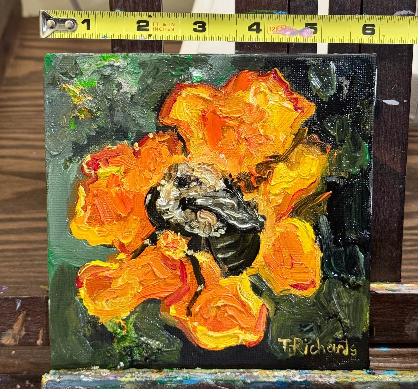 Bumblebee on Marigold Oil Painting 6x6, Original Floral Botanical Wall Art, Flower on Canvas Panel