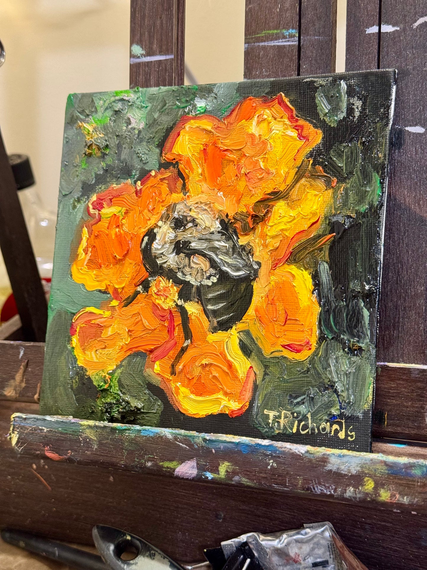 Bumblebee on Marigold Oil Painting 6x6, Original Floral Botanical Wall Art, Flower on Canvas Panel
