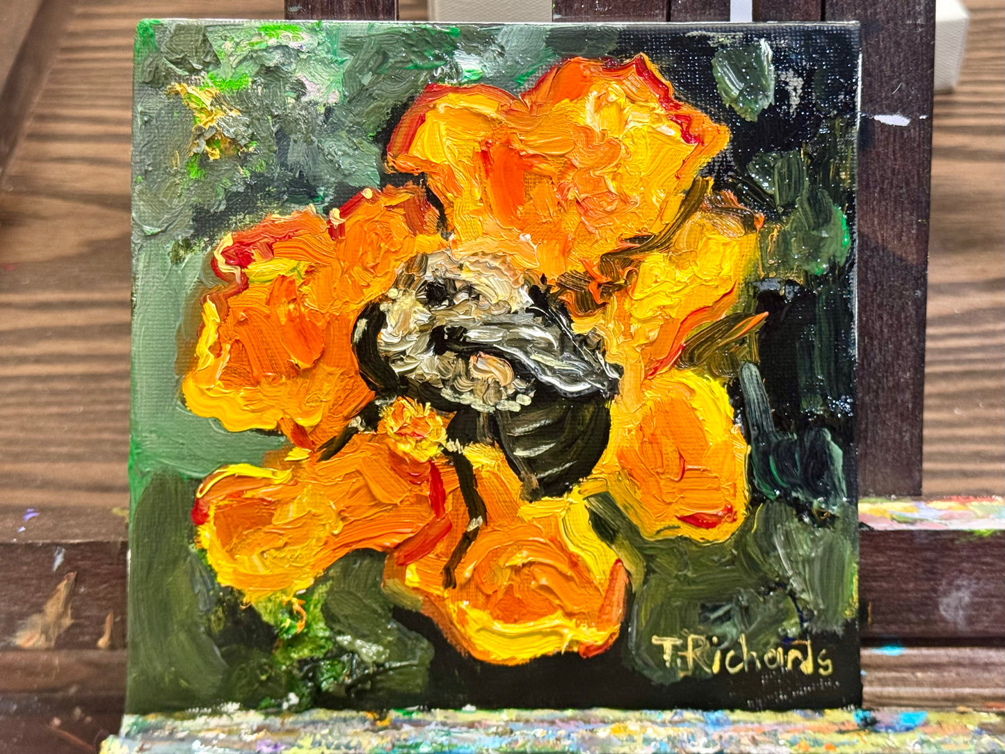 Bumblebee on Marigold Oil Painting 6x6, Original Floral Botanical Wall Art, Flower on Canvas Panel