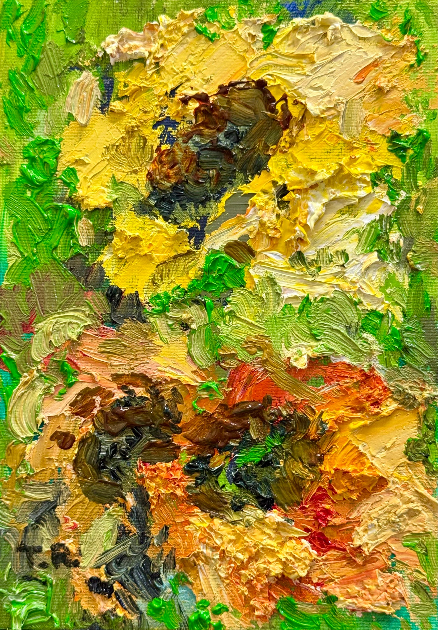 Sunflowers Oil Painting 5x7, Original Art Floral Still Life Flowers Artwork, Small Wall Art