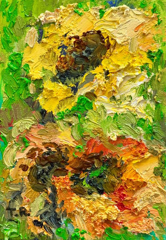 Sunflowers Oil Painting 5x7, Original Art Floral Still Life Flowers Artwork, Small Wall Art
