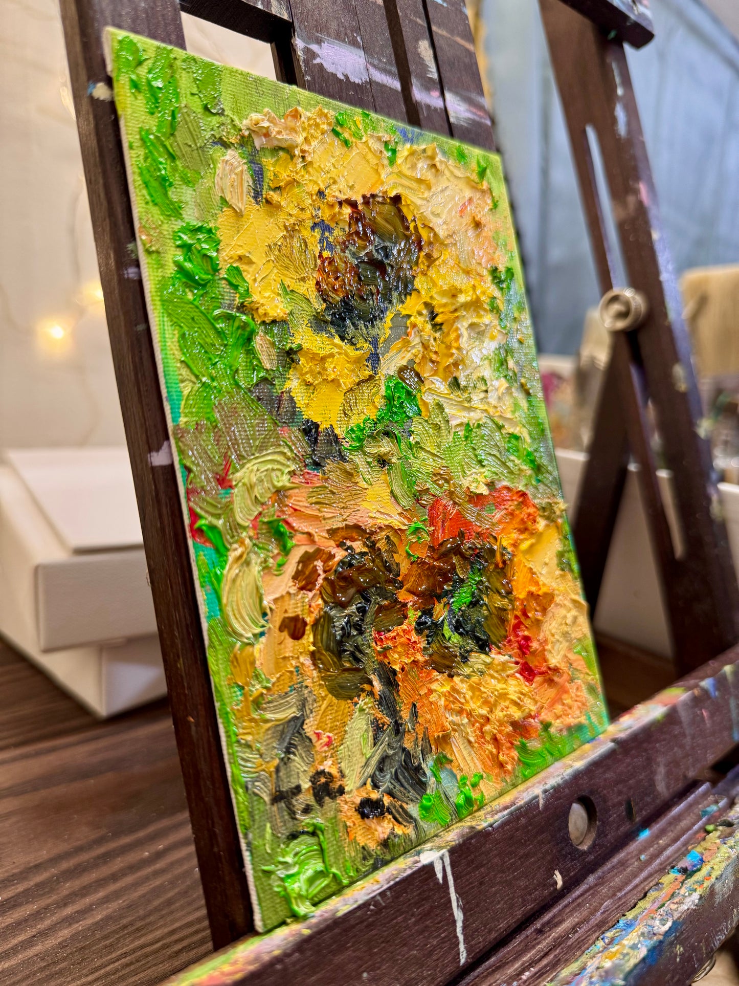 Sunflowers Oil Painting 5x7, Original Art Floral Still Life Flowers Artwork, Small Wall Art